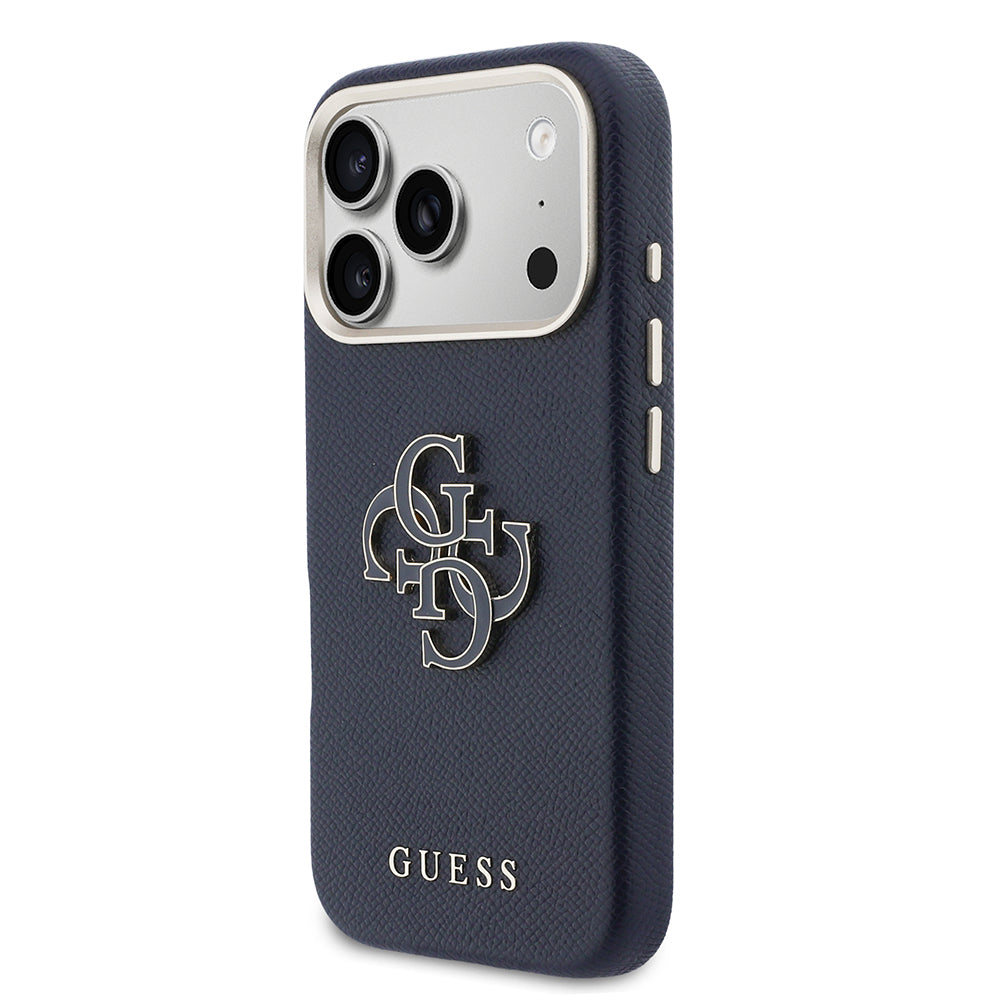 Apple iPhone 17 Pro Kılıf Guess Orjinal Lisanslı 4G Büyük Metal Kamera Çerçeveli PU Deri Resin Kapak Mavi