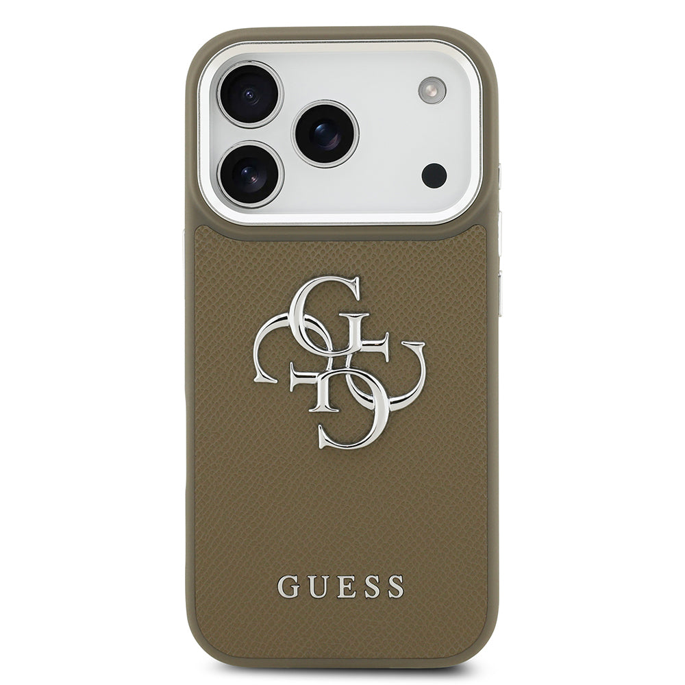 Apple iPhone 17 Pro Kılıf Guess Orjinal Lisanslı Grained 4G Metal Büyük Logolu Kapak Kahverengi