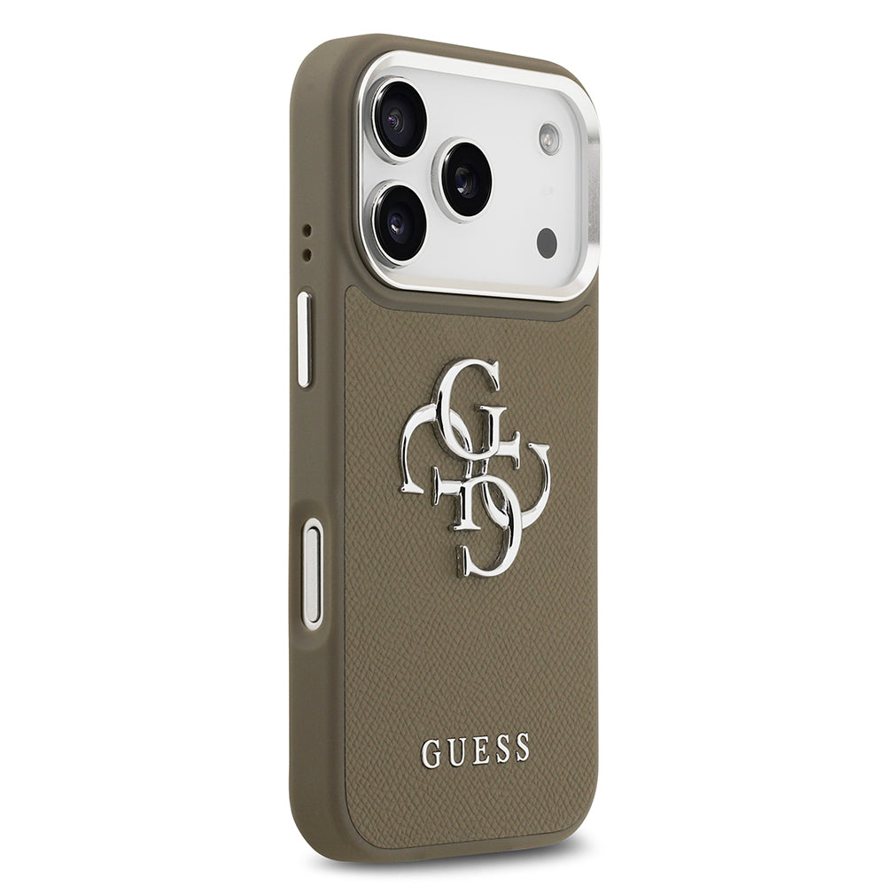 Apple iPhone 17 Pro Kılıf Guess Orjinal Lisanslı Grained 4G Metal Büyük Logolu Kapak Kahverengi