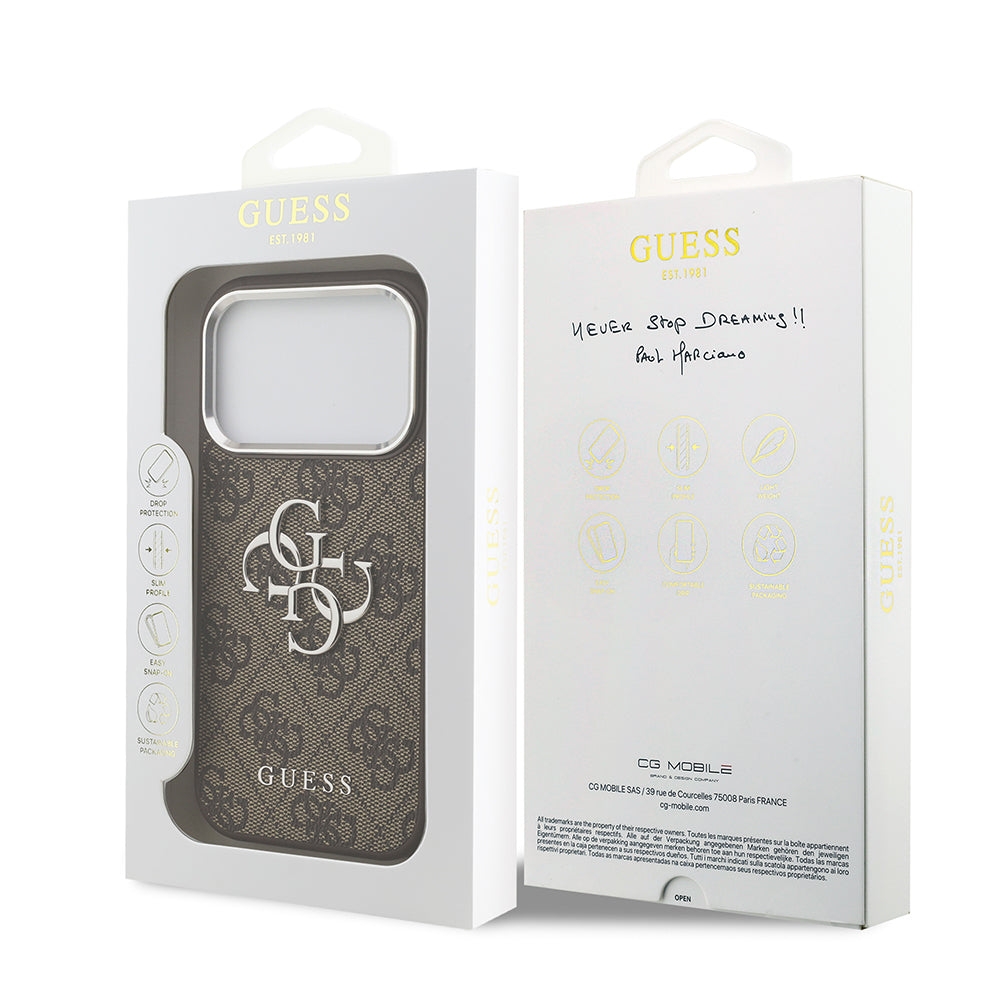 Apple iPhone 17 Pro Kılıf Guess Orjinal Lisanslı Gümüş Metal Kamera Çerçeveli 4G Desenli Metal Büyük 4G ve Yazı Logolu Kapak Kahverengi