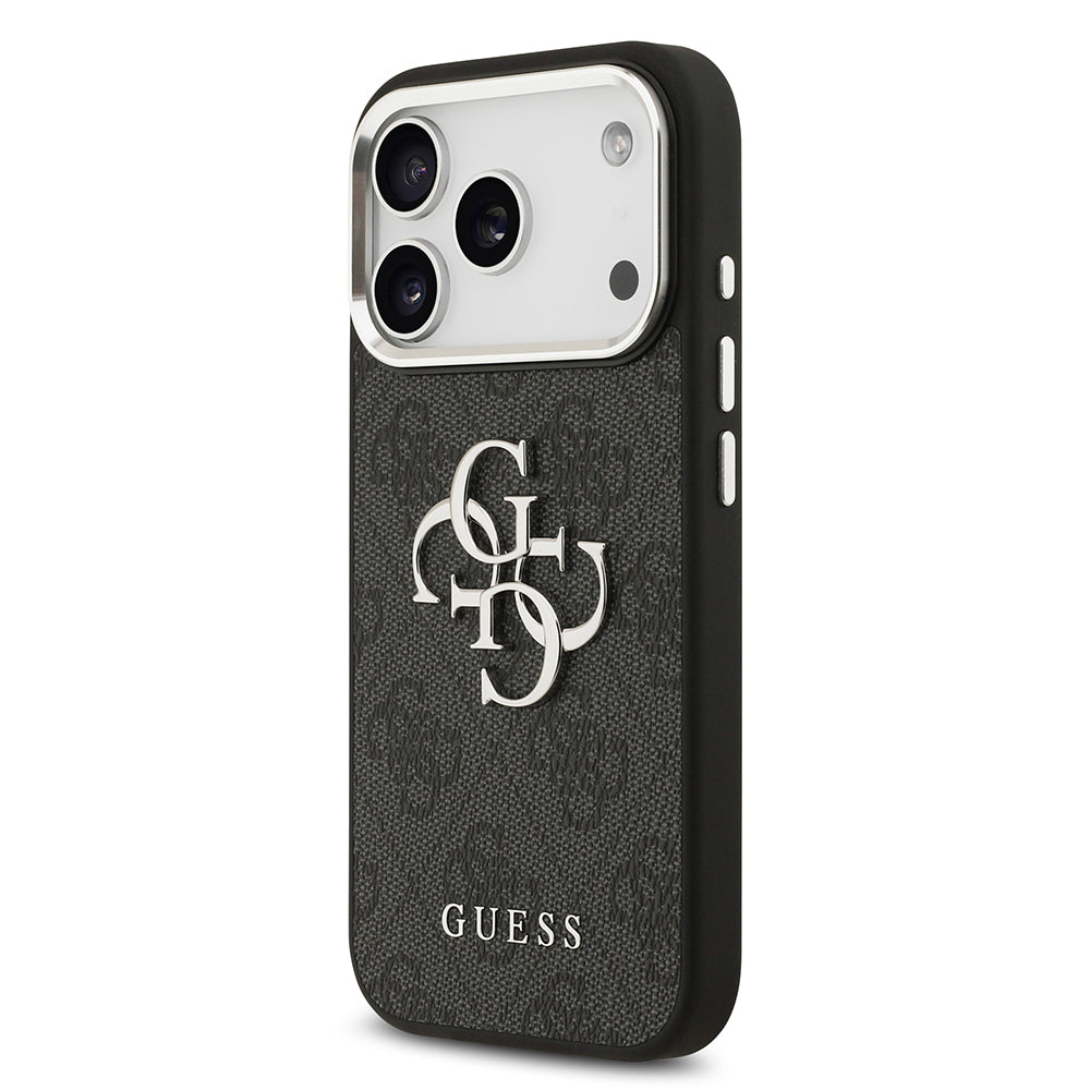 Apple iPhone 17 Pro Kılıf Guess Orjinal Lisanslı Gümüş Metal Kamera Çerçeveli 4G Desenli Metal Büyük 4G ve Yazı Logolu Kapak Siyah