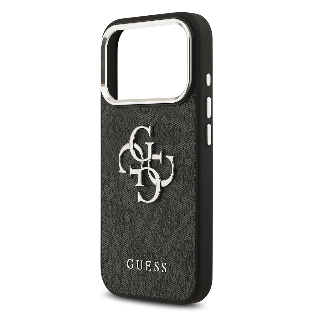 Apple iPhone 17 Pro Kılıf Guess Orjinal Lisanslı Gümüş Metal Kamera Çerçeveli 4G Desenli Metal Büyük 4G ve Yazı Logolu Kapak Siyah