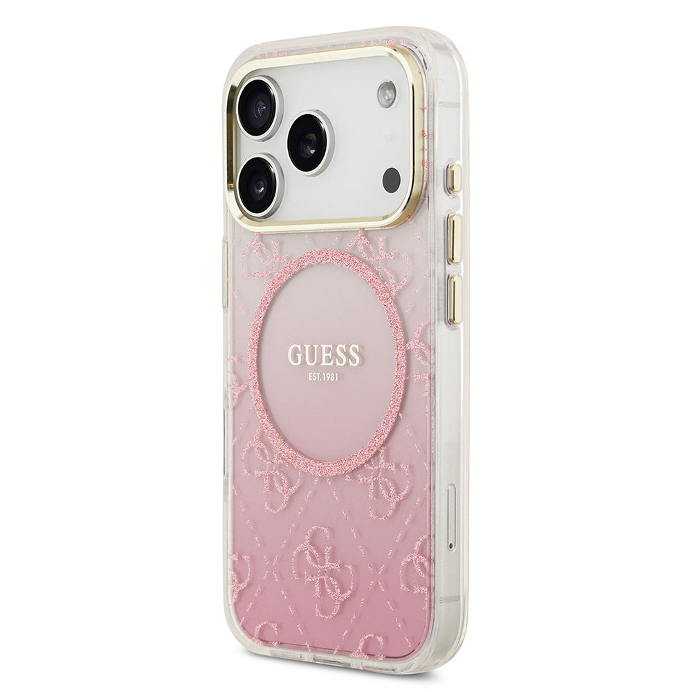 Apple iPhone 17 Pro Kılıf Guess Orjinal Lisanslı M-safe Şarj Özellikli 4G Desenli Simli Silikon Kapak Pembe