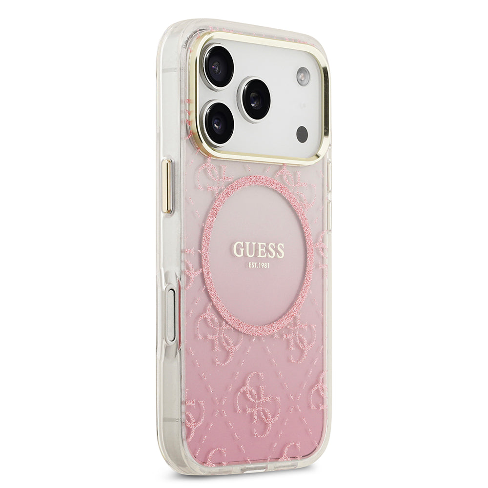 Apple iPhone 17 Pro Kılıf Guess Orjinal Lisanslı M-safe Şarj Özellikli 4G Desenli Simli Silikon Kapak Pembe