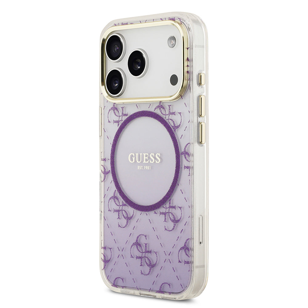 Apple iPhone 17 Pro Kılıf Guess Orjinal Lisanslı M-safe Şarj Özellikli 4G Desenli Simli Silikon Kapak Mor
