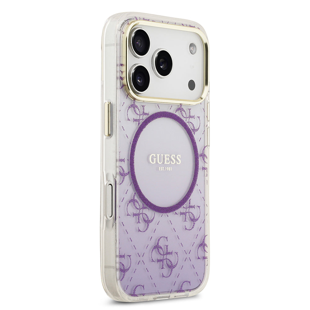 Apple iPhone 17 Pro Kılıf Guess Orjinal Lisanslı M-safe Şarj Özellikli 4G Desenli Simli Silikon Kapak Mor