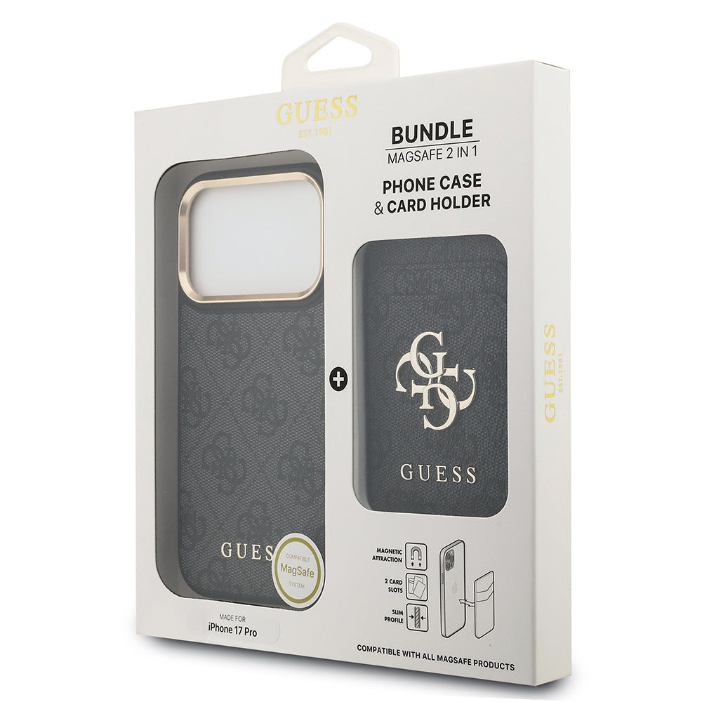 Apple iPhone 17 Pro Kılıf Guess Orjinal Lisanslı M-safe Şarj Özellikli 4G Metal Büyük Logolu Kartlıklı Kapak Siyah