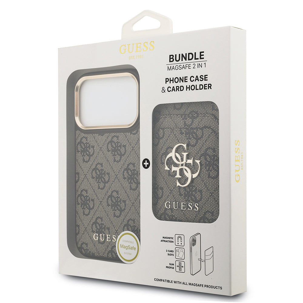 Apple iPhone 17 Pro Kılıf Guess Orjinal Lisanslı M-safe Şarj Özellikli 4G Metal Büyük Logolu Kartlıklı Kapak Kahverengi