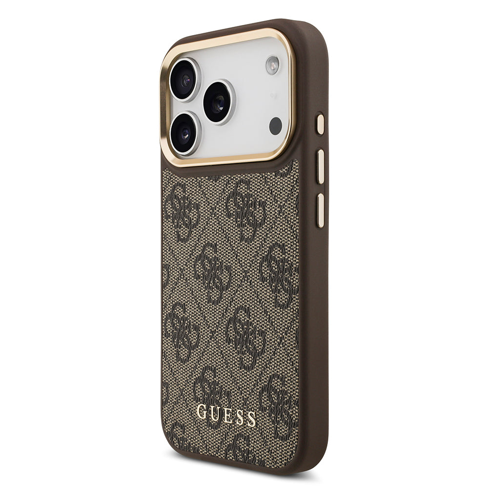 Apple iPhone 17 Pro Kılıf Guess Orjinal Lisanslı M-safe Şarj Özellikli 4G Metal Büyük Logolu Kartlıklı Kapak Kahverengi
