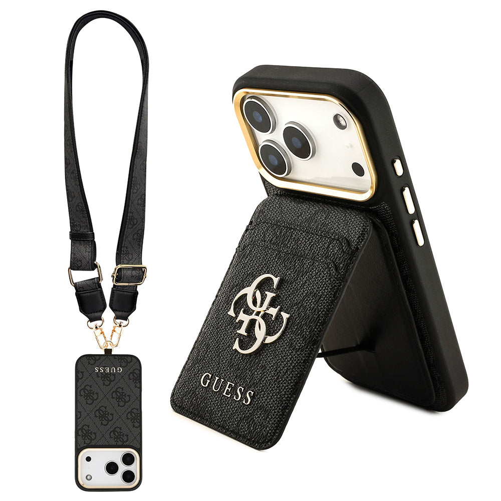 Apple iPhone 17 Pro Kılıf Guess Orjinal Lisanslı M-safe Şarj Özellikli Askılı ve 4G Logo Kartlıklı Kapak Siyah