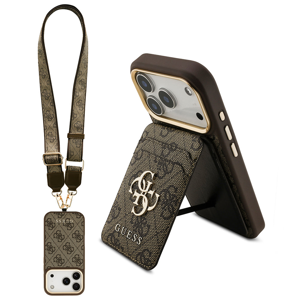 Apple iPhone 17 Pro Kılıf Guess Orjinal Lisanslı M-safe Şarj Özellikli Askılı ve 4G Logo Kartlıklı Kapak Kahverengi