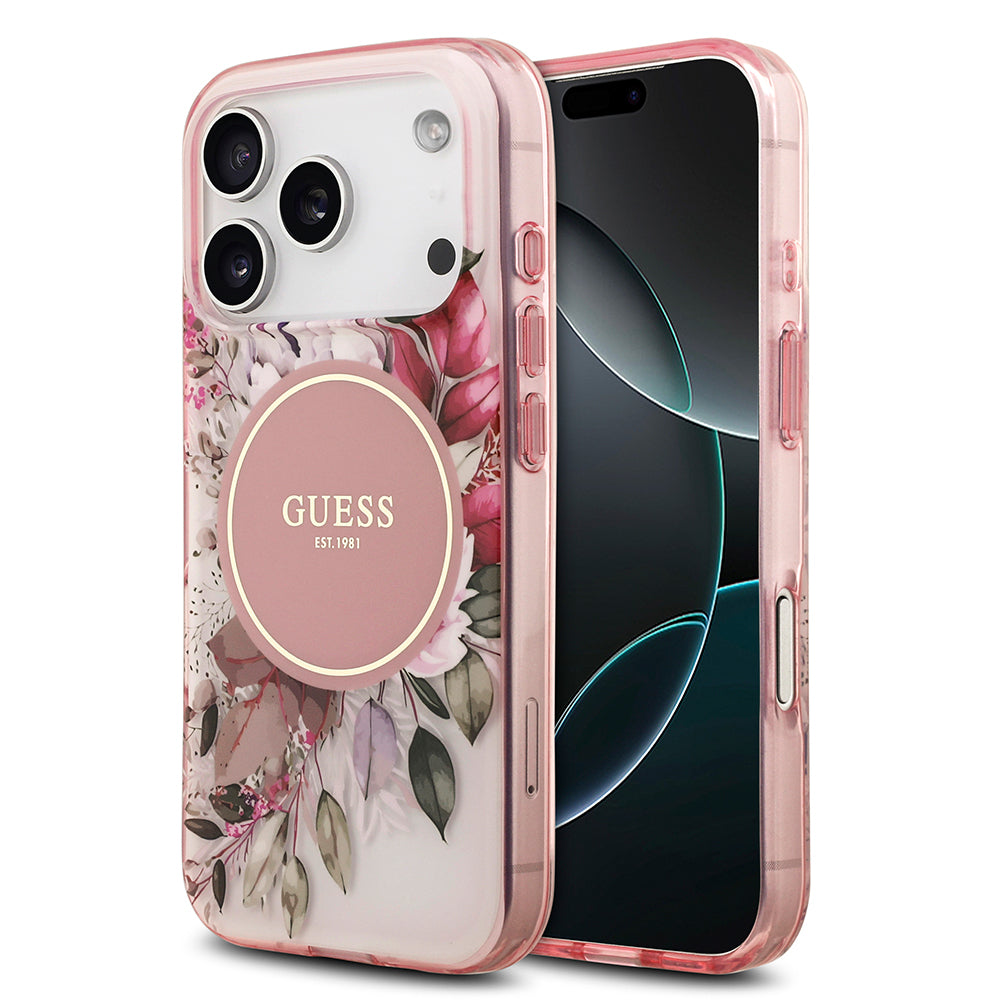 Apple iPhone 17 Pro Kılıf Guess Orjinal Lisanslı M-safe Şarj Özellikli Flower Tonal Circle Kapak Pembe