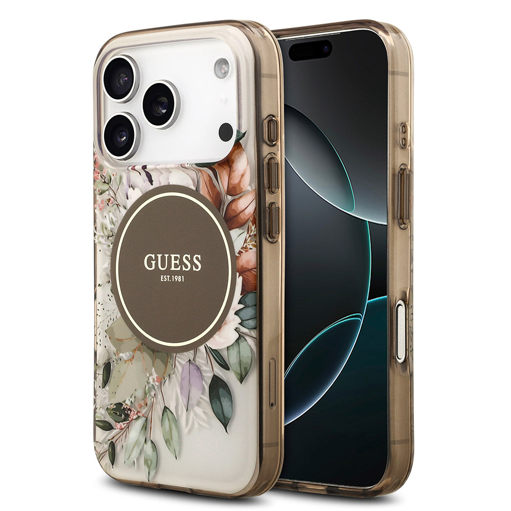 Apple iPhone 17 Pro Kılıf Guess Orjinal Lisanslı M-safe Şarj Özellikli Flower Tonal Circle Kapak Kahverengi
