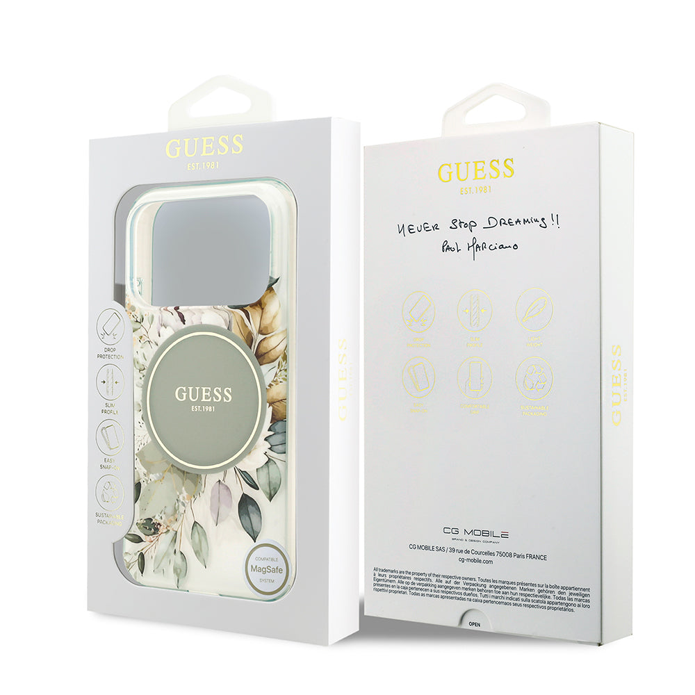 Apple iPhone 17 Pro Kılıf Guess Orjinal Lisanslı M-safe Şarj Özellikli Flower Tonal Circle Kapak Yeşil