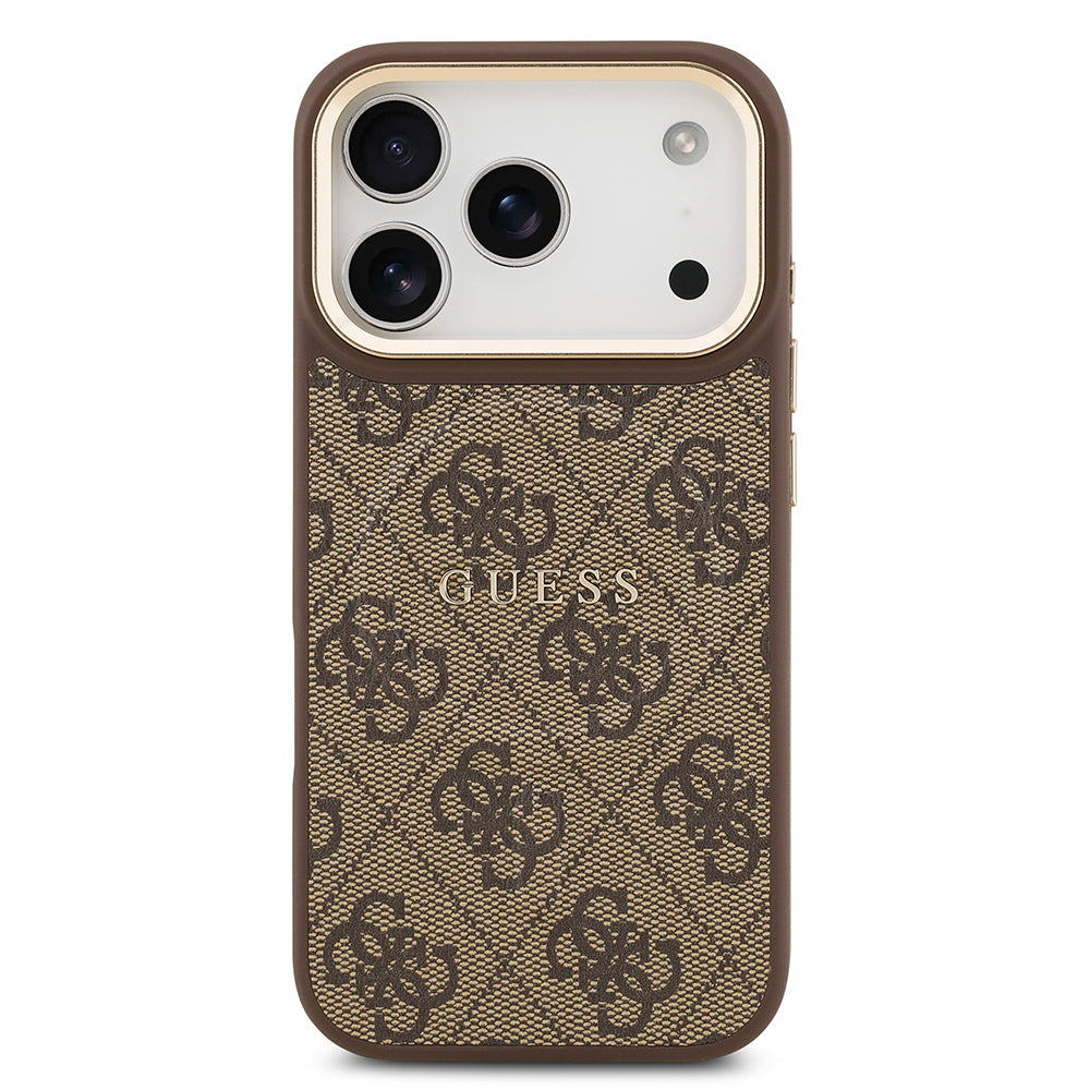Apple iPhone 17 Pro Kılıf Guess Orjinal Lisanslı M-safe Şarj Özellikli Gold Metal Kamera Çerçeveli PU Deri 4G Desenli Yazı Logolu Kapak Kahverengi
