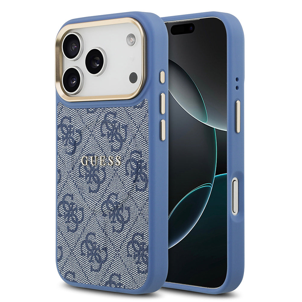 Apple iPhone 17 Pro Kılıf Guess Orjinal Lisanslı M-safe Şarj Özellikli Gold Metal Kamera Çerçeveli PU Deri 4G Desenli Yazı Logolu Kapak Mavi