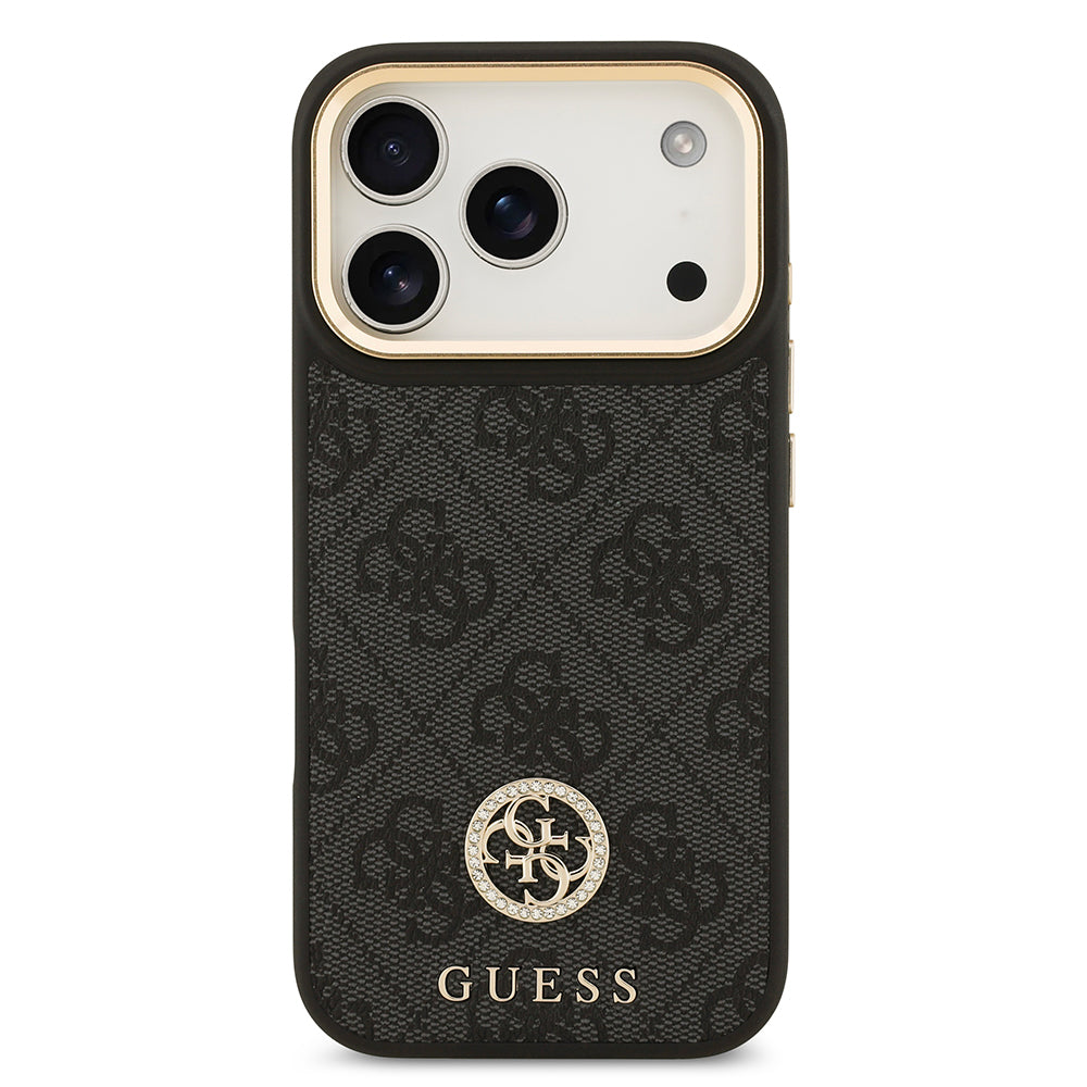 Apple iPhone 17 Pro Kılıf Guess Orjinal Lisanslı M-safe Şarj Özellikli Gold Metal Kamera Çerçeveli Taşlı 4G Logolu Kapak Siyah