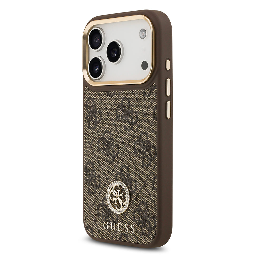 Apple iPhone 17 Pro Kılıf Guess Orjinal Lisanslı M-safe Şarj Özellikli Gold Metal Kamera Çerçeveli Taşlı 4G Logolu Kapak Kahverengi