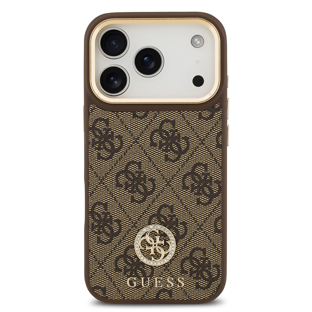 Apple iPhone 17 Pro Kılıf Guess Orjinal Lisanslı M-safe Şarj Özellikli Gold Metal Kamera Çerçeveli Taşlı 4G Logolu Kapak Kahverengi