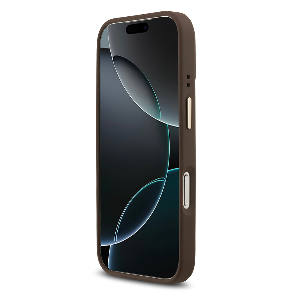 Apple iPhone 17 Pro Kılıf Guess Orjinal Lisanslı M-safe Şarj Özellikli Gold Metal Kamera Çerçeveli Taşlı 4G Logolu Kapak Kahverengi