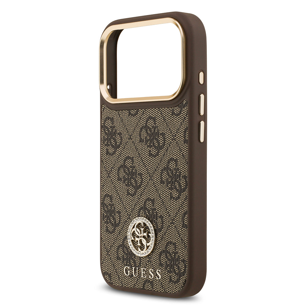 Apple iPhone 17 Pro Kılıf Guess Orjinal Lisanslı M-safe Şarj Özellikli Gold Metal Kamera Çerçeveli Taşlı 4G Logolu Kapak Kahverengi