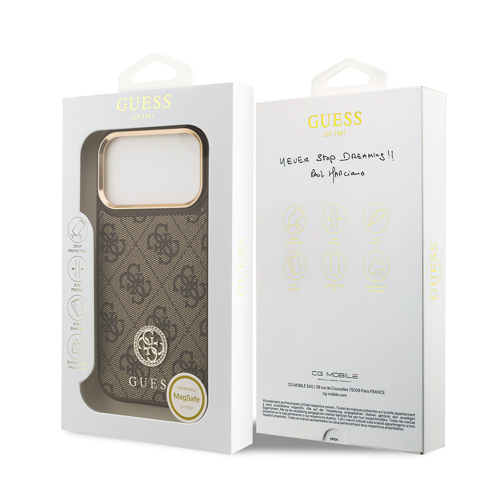 Apple iPhone 17 Pro Kılıf Guess Orjinal Lisanslı M-safe Şarj Özellikli Gold Metal Kamera Çerçeveli Taşlı 4G Logolu Kapak Kahverengi