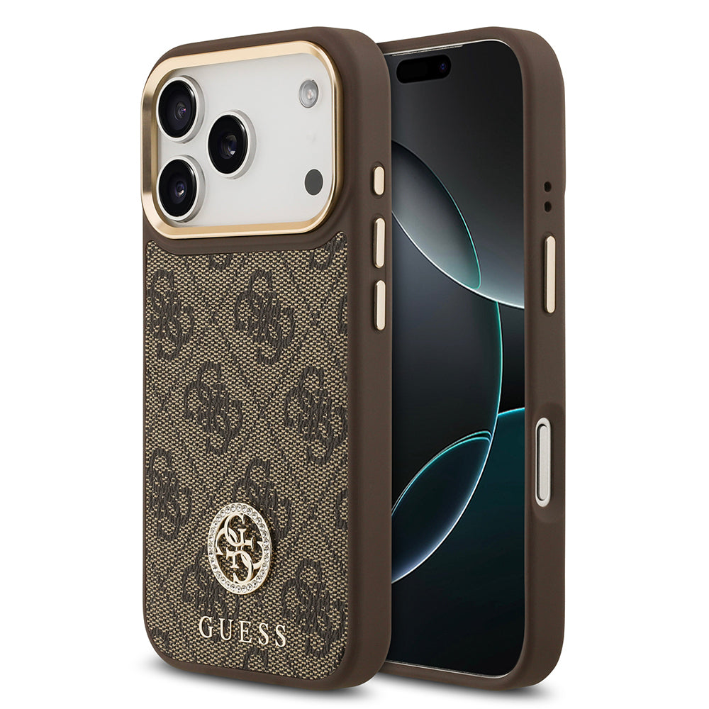 Apple iPhone 17 Pro Kılıf Guess Orjinal Lisanslı M-safe Şarj Özellikli Gold Metal Kamera Çerçeveli Taşlı 4G Logolu Kapak Kahverengi