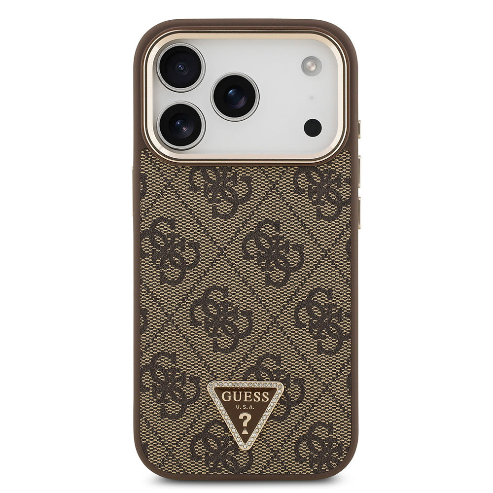 Apple iPhone 17 Pro Kılıf Guess Orjinal Lisanslı M-safe Şarj Özellikli Gold Metal Kamera Çerçeveli Taşlı Üçgen Logo 4G Desenli Kapak Kahverengi