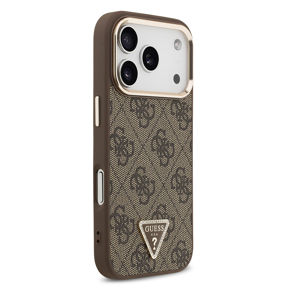 Apple iPhone 17 Pro Kılıf Guess Orjinal Lisanslı M-safe Şarj Özellikli Gold Metal Kamera Çerçeveli Taşlı Üçgen Logo 4G Desenli Kapak Kahverengi