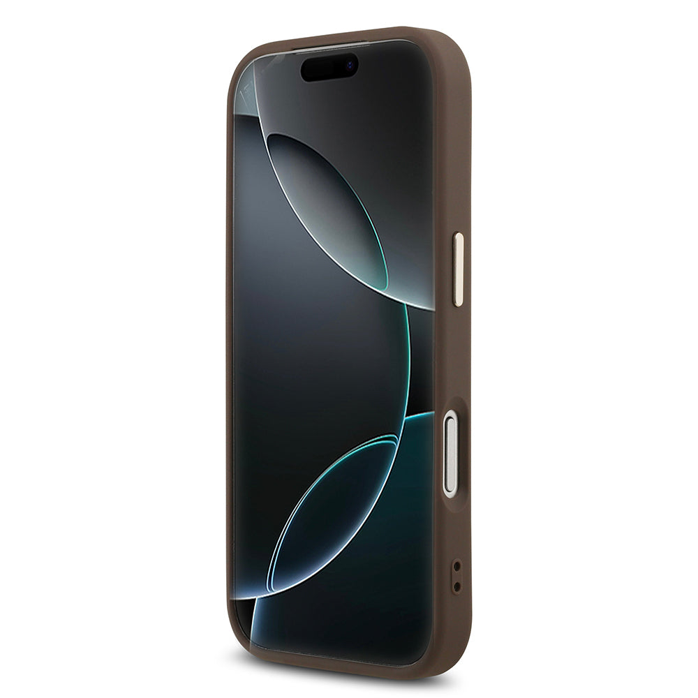 Apple iPhone 17 Pro Kılıf Guess Orjinal Lisanslı M-safe Şarj Özellikli Gold Metal Kamera Çerçeveli Taşlı Üçgen Logo 4G Desenli Kapak Kahverengi