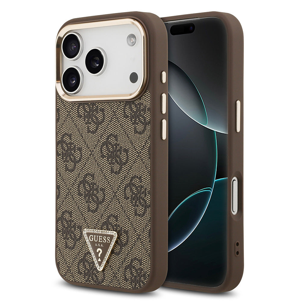 Apple iPhone 17 Pro Kılıf Guess Orjinal Lisanslı M-safe Şarj Özellikli Gold Metal Kamera Çerçeveli Taşlı Üçgen Logo 4G Desenli Kapak Kahverengi