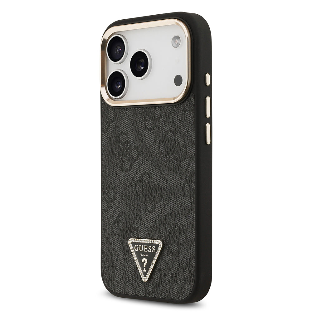 Apple iPhone 17 Pro Kılıf Guess Orjinal Lisanslı M-safe Şarj Özellikli Gold Metal Kamera Çerçeveli Taşlı Üçgen Logo 4G Desenli Kapak Siyah