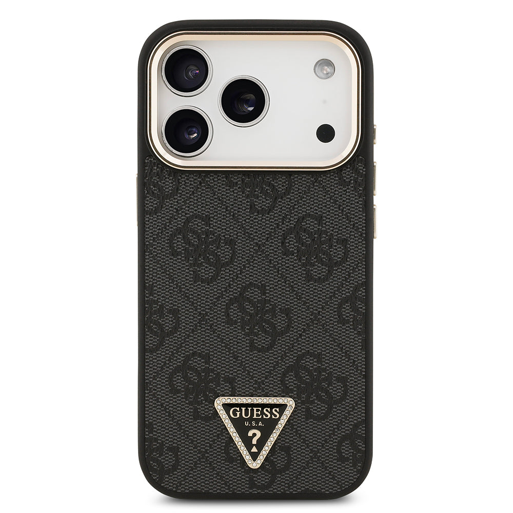 Apple iPhone 17 Pro Kılıf Guess Orjinal Lisanslı M-safe Şarj Özellikli Gold Metal Kamera Çerçeveli Taşlı Üçgen Logo 4G Desenli Kapak Siyah