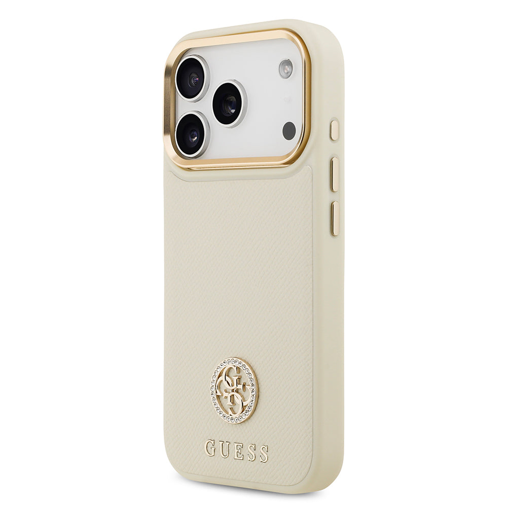Apple iPhone 17 Pro Kılıf Guess Orjinal Lisanslı M-safe Şarj Özellikli Grained Yazı ve Taşlı 4G Logolu Kapak Bej