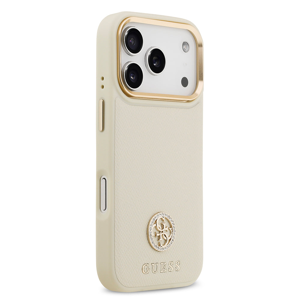 Apple iPhone 17 Pro Kılıf Guess Orjinal Lisanslı M-safe Şarj Özellikli Grained Yazı ve Taşlı 4G Logolu Kapak Bej