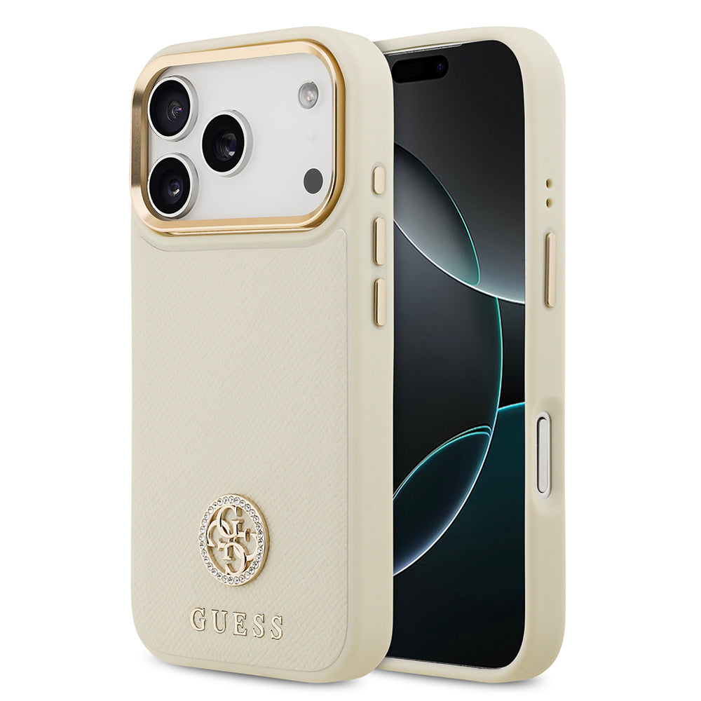 Apple iPhone 17 Pro Kılıf Guess Orjinal Lisanslı M-safe Şarj Özellikli Grained Yazı ve Taşlı 4G Logolu Kapak Bej