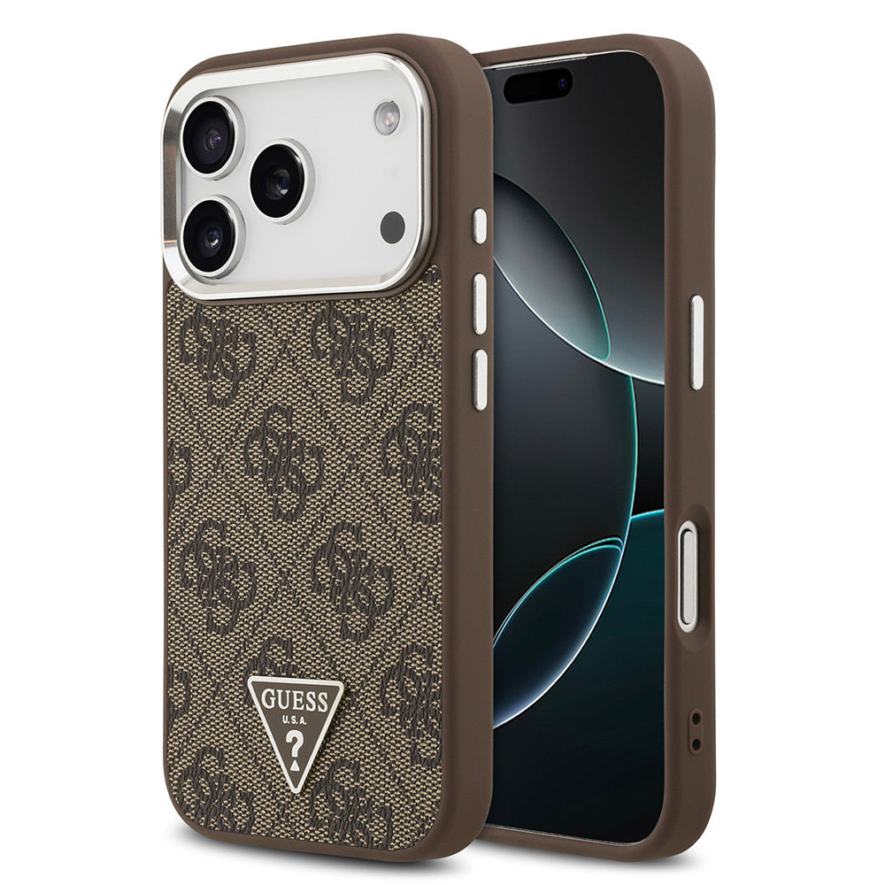 Apple iPhone 17 Pro Kılıf Guess Orjinal Lisanslı M-safe Şarj Özellikli Gümüş Metal Kamera Çerçeveli Üçgen Logo 4G Desenli Kapak Kahverengi