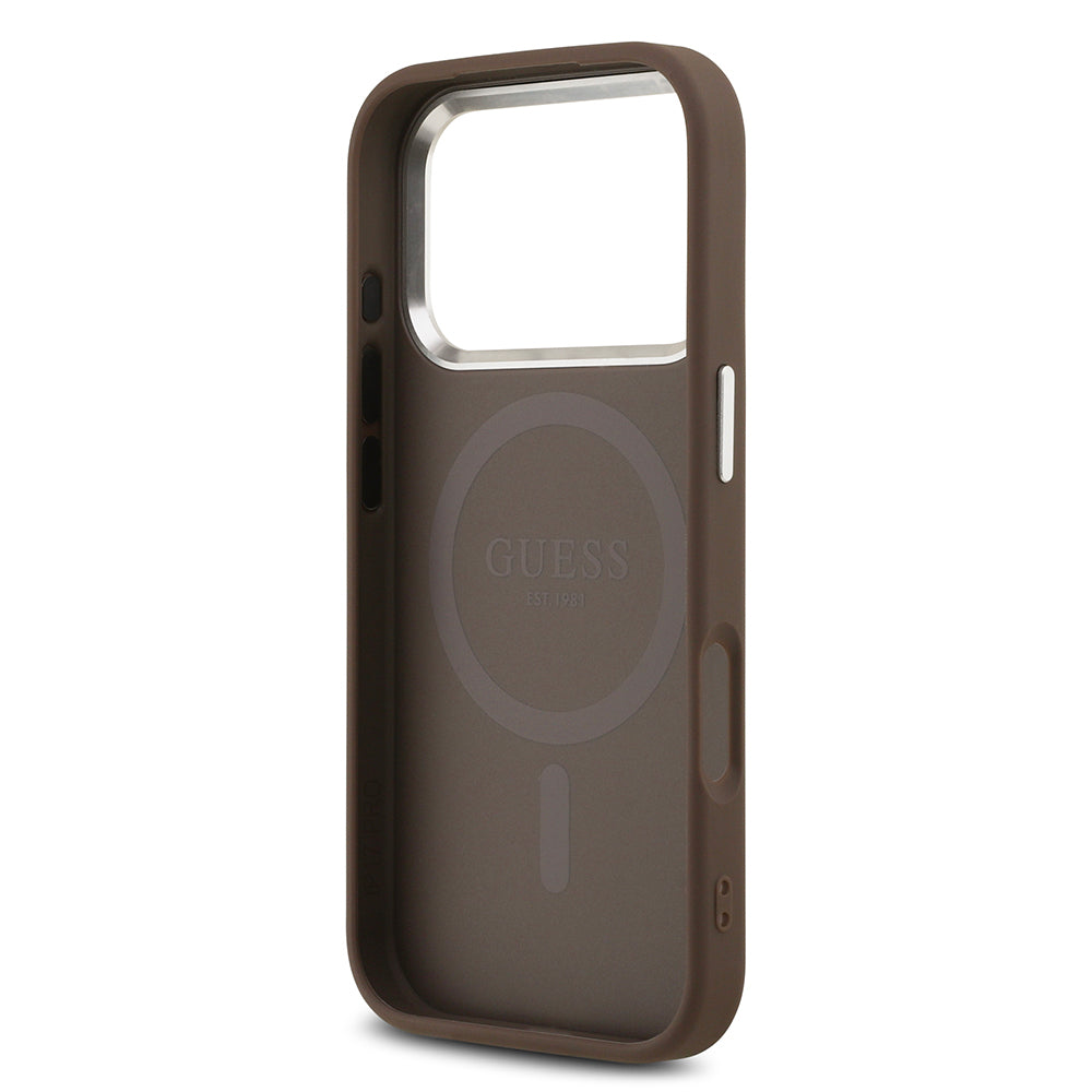 Apple iPhone 17 Pro Kılıf Guess Orjinal Lisanslı M-safe Şarj Özellikli Gümüş Metal Kamera Çerçeveli Üçgen Logo 4G Desenli Kapak Kahverengi