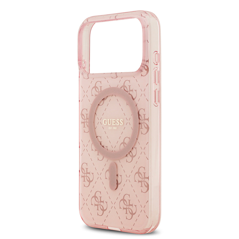 Apple iPhone 17 Pro Kılıf Guess Orjinal Lisanslı M-safe Şarj Özellikli IML Baskılı Klasik Logolu 4G Desenli Kapak Pembe