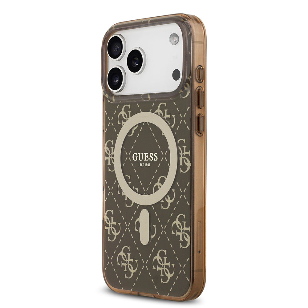 Apple iPhone 17 Pro Kılıf Guess Orjinal Lisanslı M-safe Şarj Özellikli IML Baskılı Klasik Logolu 4G Desenli Kapak Kahverengi