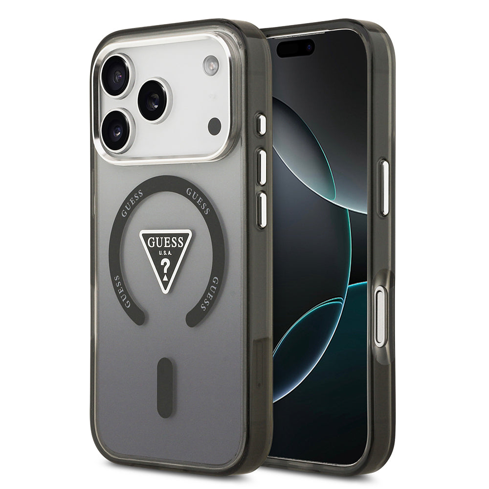 Apple iPhone 17 Pro Kılıf Guess Orjinal Lisanslı M-safe Şarj Özellikli IML Baskılı Üçgen Logolu Metal Kamera Çerçeveli Kapak Siyah