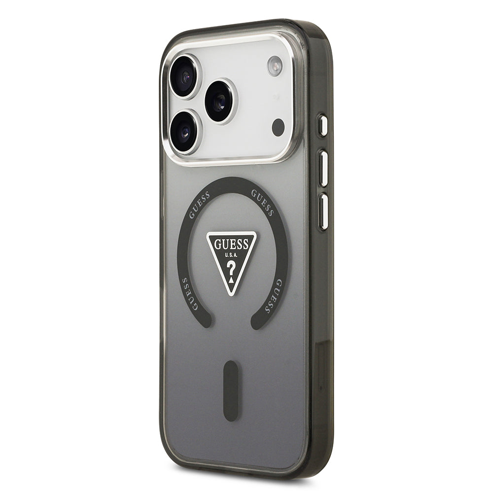 Apple iPhone 17 Pro Kılıf Guess Orjinal Lisanslı M-safe Şarj Özellikli IML Baskılı Üçgen Logolu Metal Kamera Çerçeveli Kapak Siyah