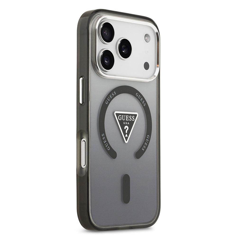 Apple iPhone 17 Pro Kılıf Guess Orjinal Lisanslı M-safe Şarj Özellikli IML Baskılı Üçgen Logolu Metal Kamera Çerçeveli Kapak Siyah