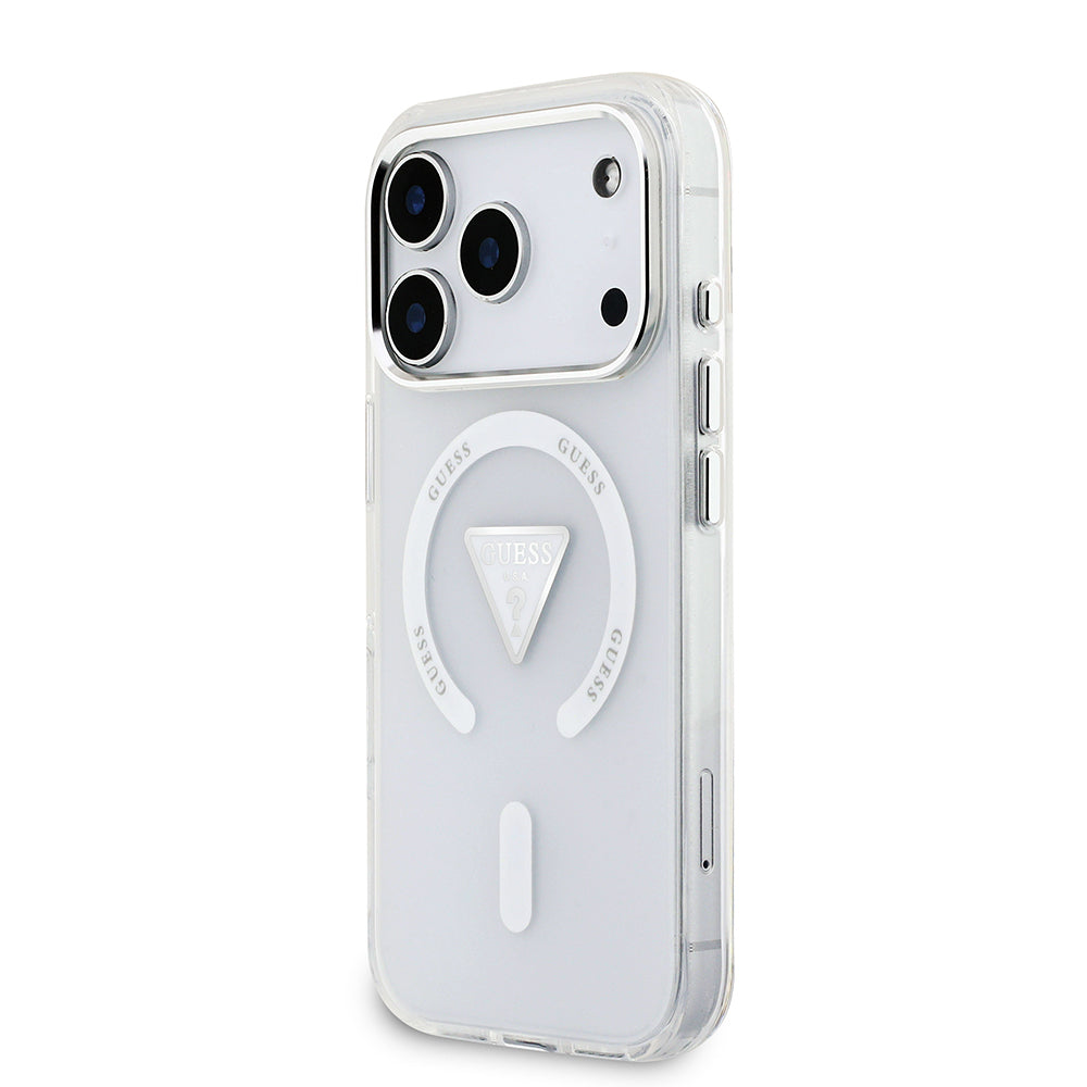 Apple iPhone 17 Pro Kılıf Guess Orjinal Lisanslı M-safe Şarj Özellikli IML Baskılı Üçgen Logolu Metal Kamera Çerçeveli Kapak Şeffaf