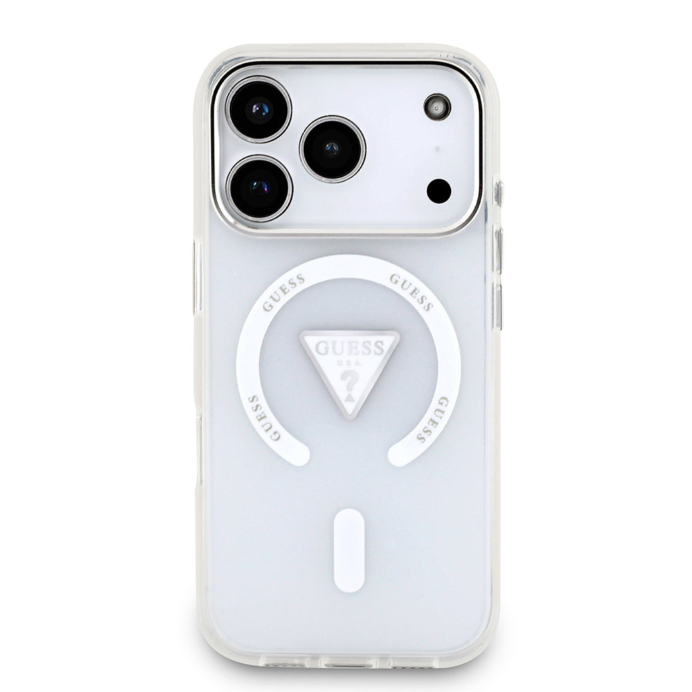 Apple iPhone 17 Pro Kılıf Guess Orjinal Lisanslı M-safe Şarj Özellikli IML Baskılı Üçgen Logolu Metal Kamera Çerçeveli Kapak Şeffaf