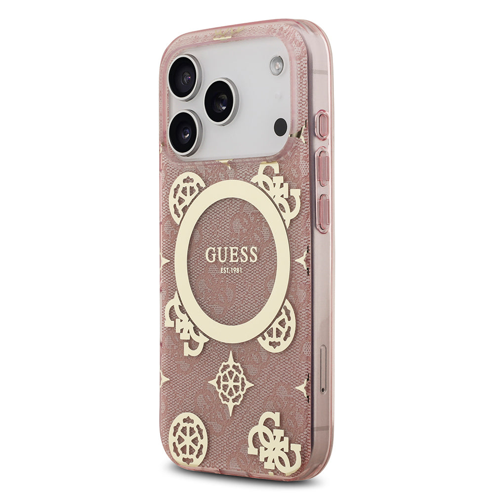 Apple iPhone 17 Pro Kılıf Guess Orjinal Lisanslı M-safe Şarj Özellikli IML Peony ve 4G Desenli Klasik Logolu Kapak Pembe