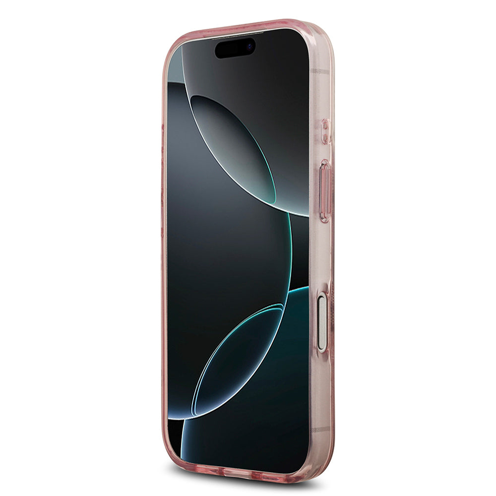 Apple iPhone 17 Pro Kılıf Guess Orjinal Lisanslı M-safe Şarj Özellikli IML Peony ve 4G Desenli Klasik Logolu Kapak Pembe