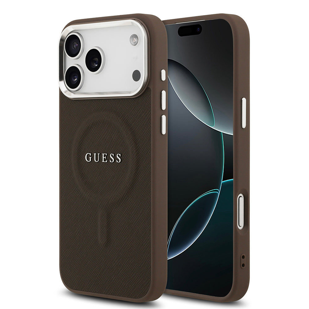 Apple iPhone 17 Pro Kılıf Guess Orjinal Lisanslı M-safe Şarj Özellikli Klasik Yazı Logolu PU Deri Kapak Kahverengi