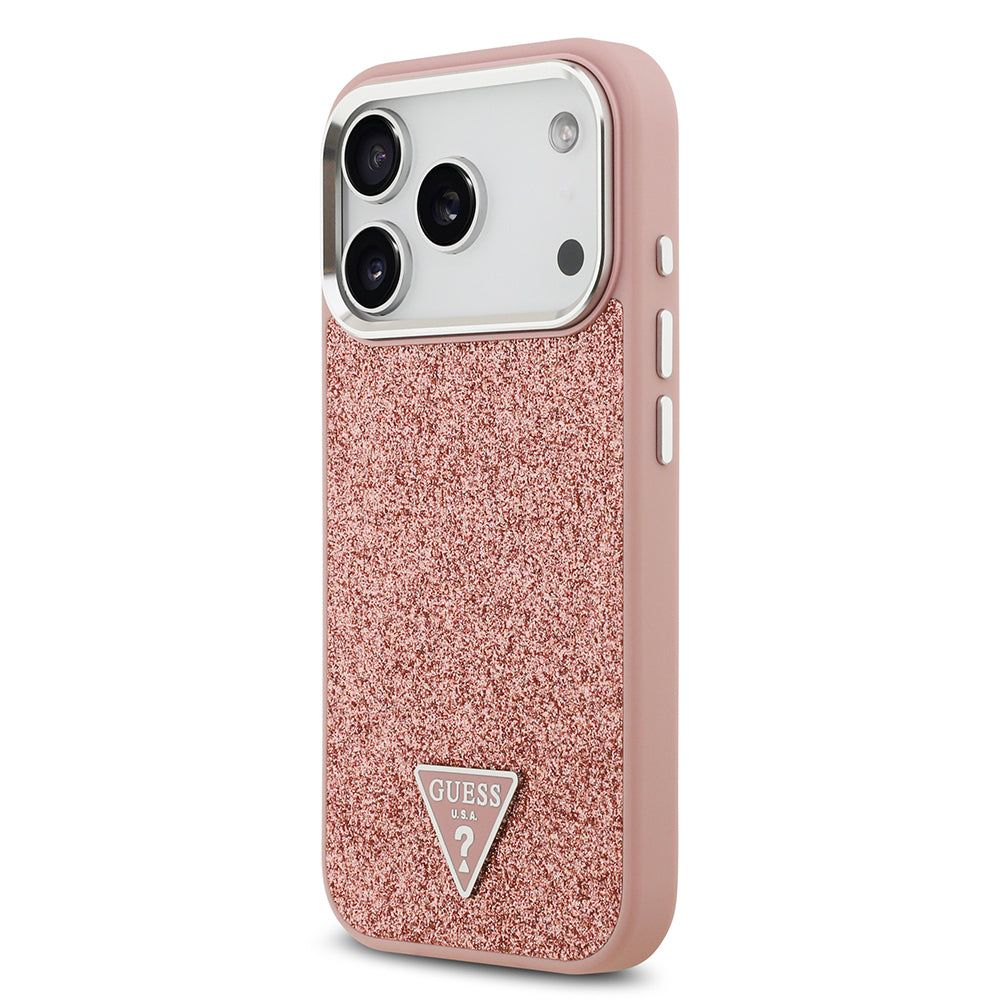 Apple iPhone 17 Pro Kılıf Guess Orjinal Lisanslı M-safe Şarj Özellikli Metal Kamera Çerçeveli Üçgen Logolu Glitter Kapak Pembe