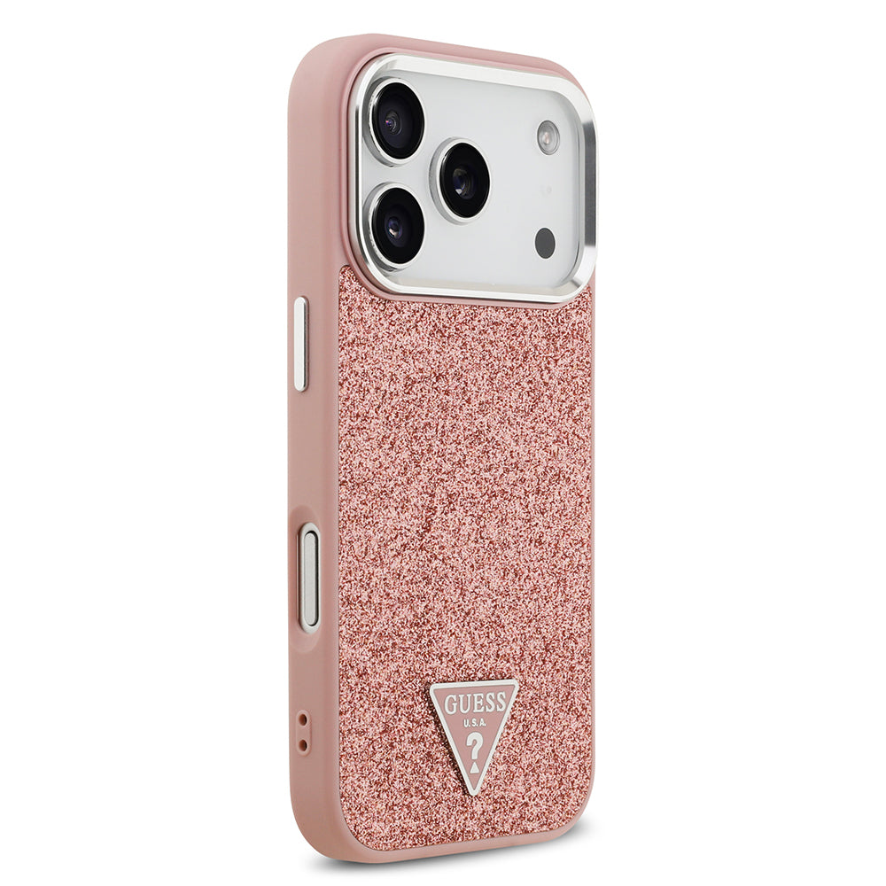 Apple iPhone 17 Pro Kılıf Guess Orjinal Lisanslı M-safe Şarj Özellikli Metal Kamera Çerçeveli Üçgen Logolu Glitter Kapak Pembe
